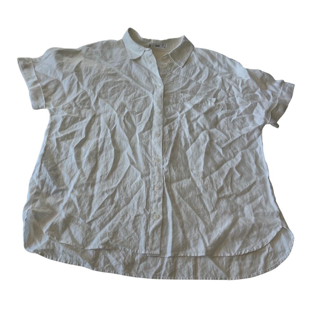 MNG White 100% Linen Short Sleeve Button Up Shirt Sz 10 Preppy Modest